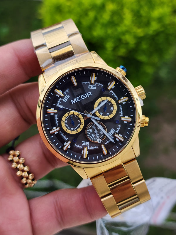 RELOJ MEGIR DORADO PARA HOMBRE CON 3 CRONÓGRAFOS Y CALENDARIO EN ACERO INOXIDABLE